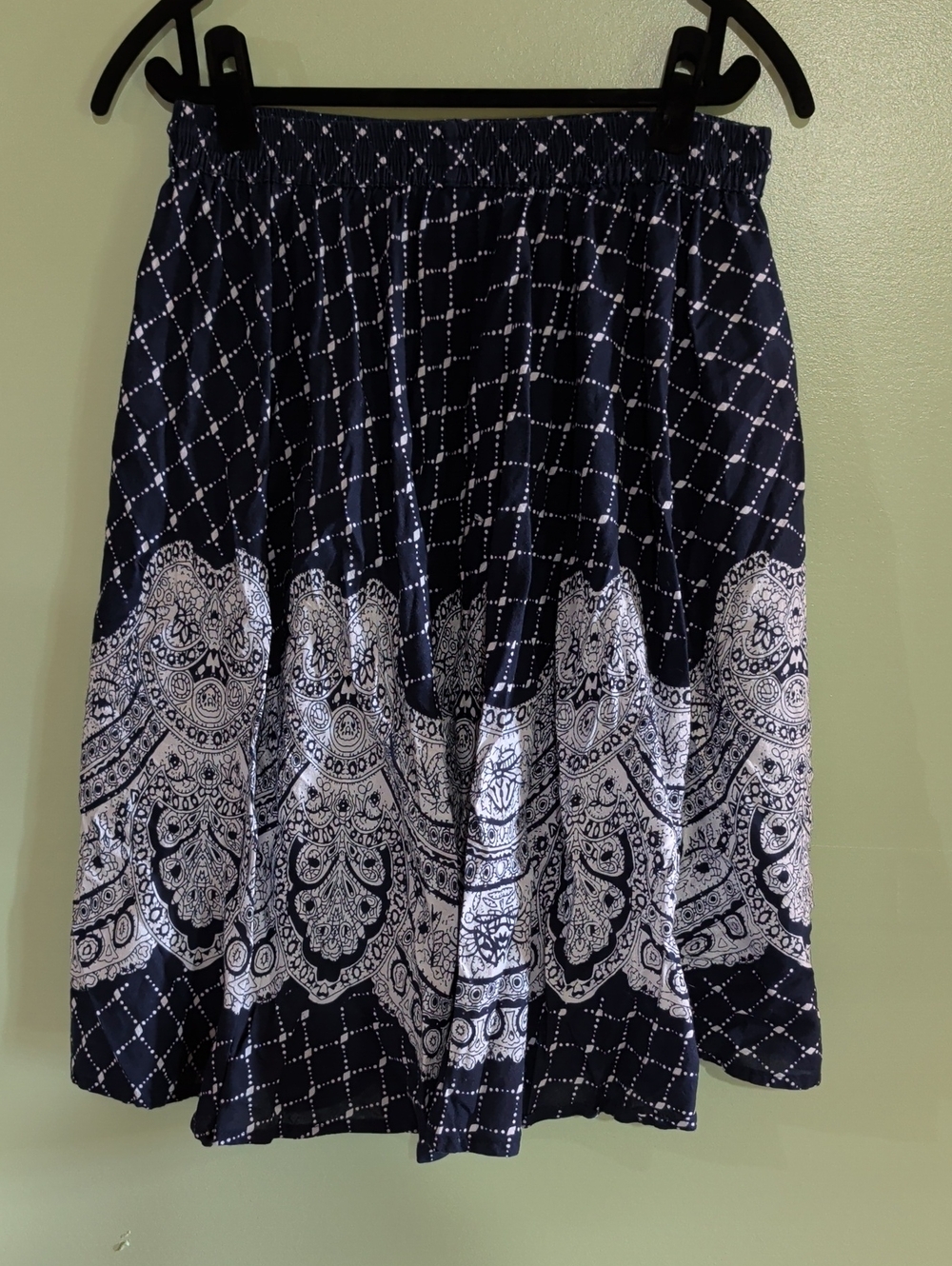 Vintage Women's Navy Blue A-Line Printed Elastic Waist Skirt